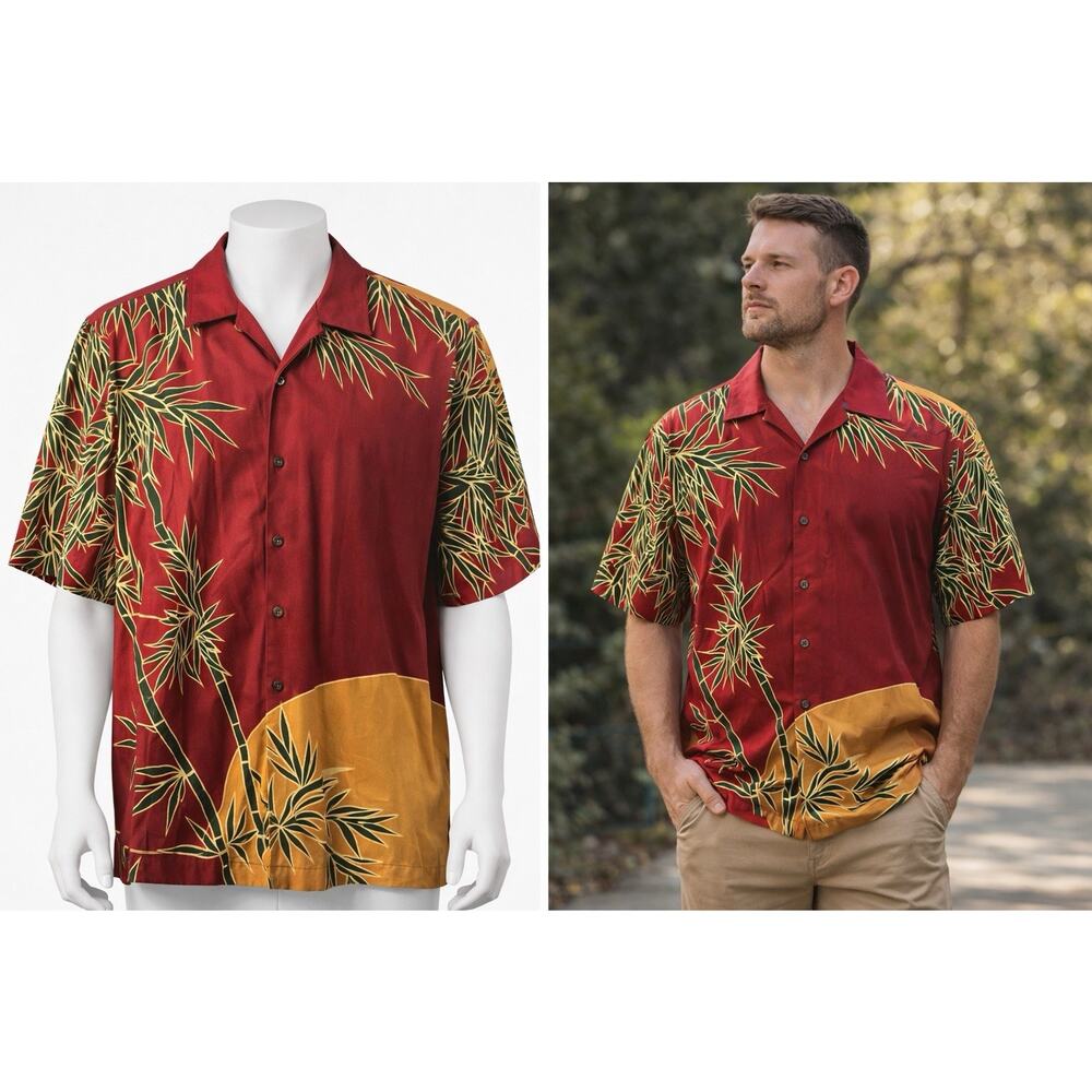 Tommy Bahama Silk Hawaiian Shirt Mens XL Red Orange Bamboo Asian Print Aloha Y2K